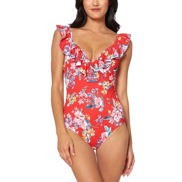 Jessica Simpson Chantilly Lace Frill Shoulder Red Floral One Piece Swimsuit Sz L - Picture 4 of 4